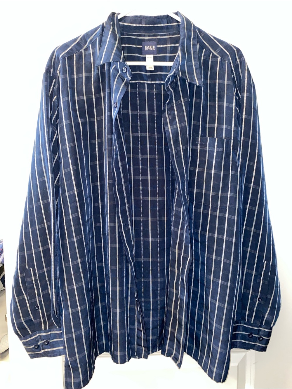 Basic Editions Navy Blue and White Striped Button-Down Shirt